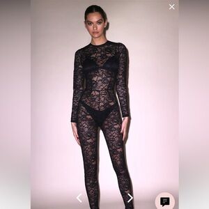 Fleur du Mal Black Sheer Lace Rose Fishnet Silk Catsuit Bodysuit S Costume